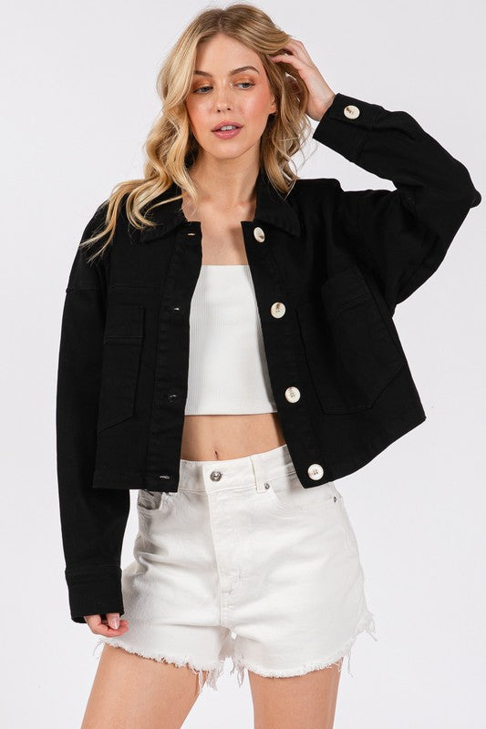 bytos Button Down Cropped Denim Jacket with Patch Pockets Trandify Deal
