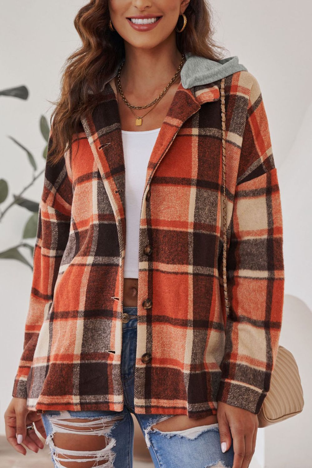 Plaid Button Up Hooded Shacket Trandify Deal