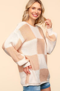 Haptics Full Size Checkered Round Neck Drop Shoulder Sweater Trandify Deal