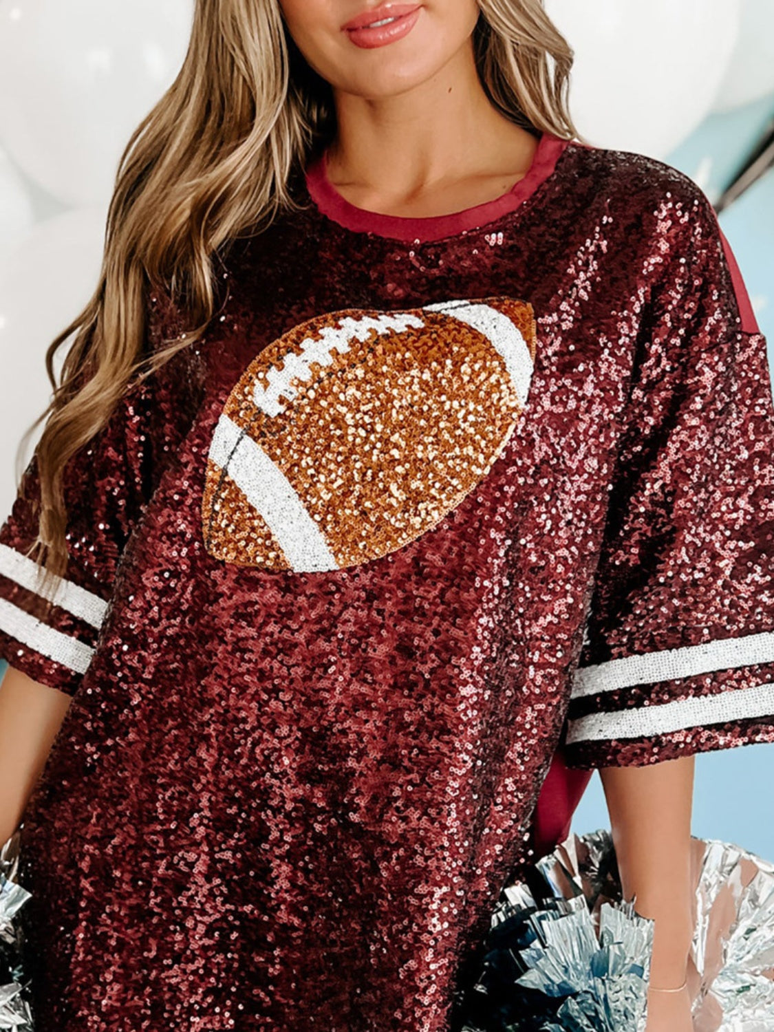 Sequin Football Round Neck Half Sleeve Oversize Top Trandify Deal