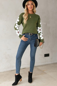 Flower Round Neck Long Sleeve Sweater Trandify Deal