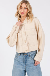Bytos Button Down Cropped Denim Jacket with Patch Pockets - Stylish and versatile denim jacket perfect for layering in office-to-evening transitional outfits. Shop now at TrandifyDeal!