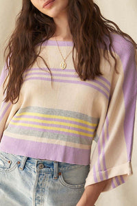 Contrast Striped Round Neck Three-Quarter Sleeve Top Trandify deal
