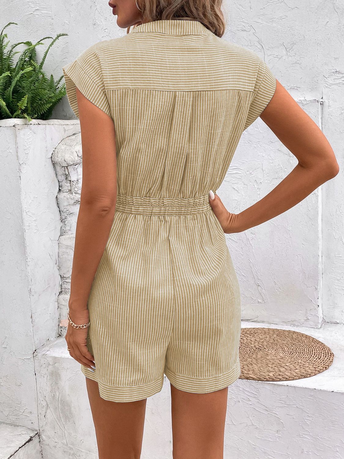 Striped Notched Tie Waist Romper Trandify deal