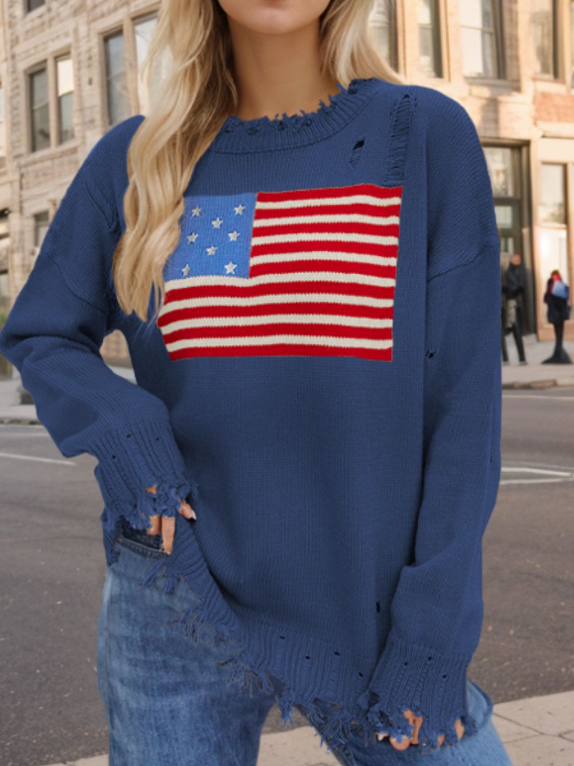 US Flag Distressed Round Neck Long Sleeve Sweater Trendsi