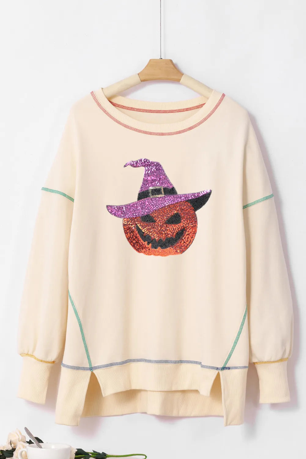Contrast Stitching Sequin Pumpkin Round Neck Long Sleeve Sweatshirt Trandify Deal