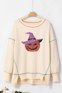 Contrast Stitching Sequin Pumpkin Round Neck Long Sleeve Sweatshirt Trandify Deal