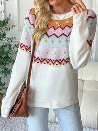 Cozy fall sweater for women in White, soft acrylic knit, long sleeve round neck top.