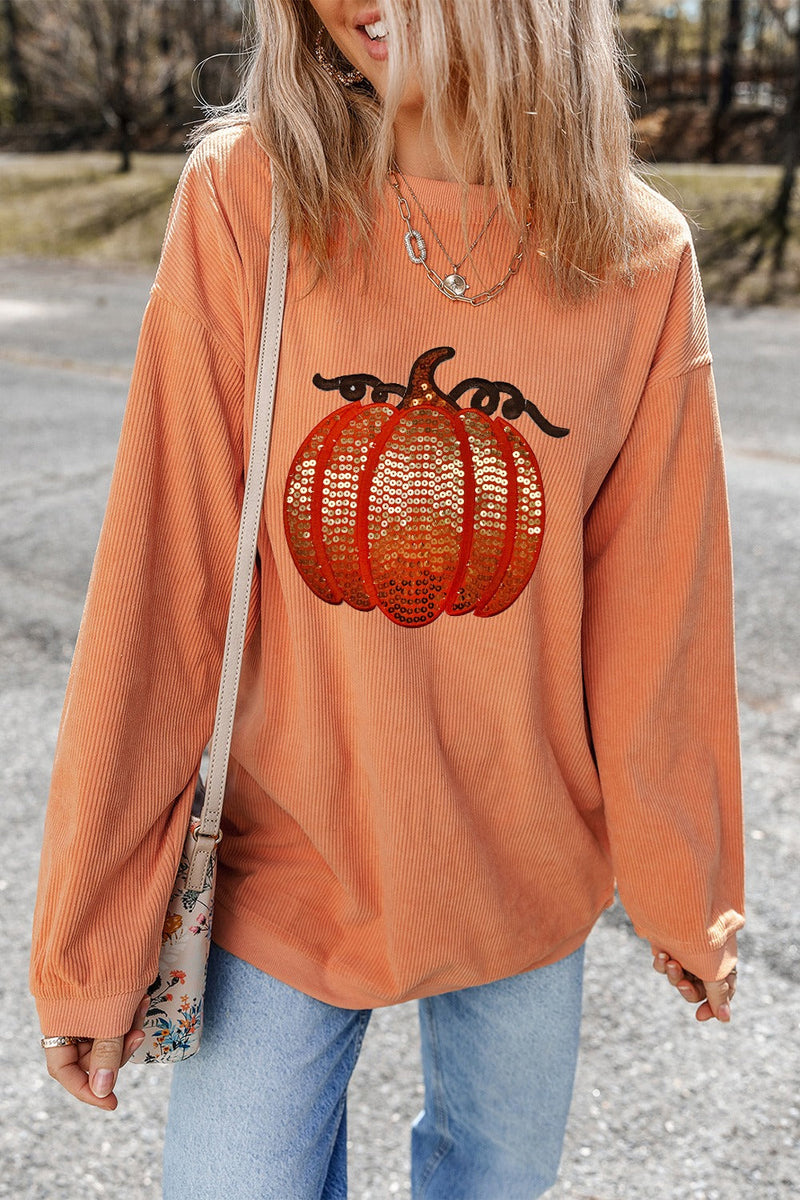 Sequin Pumpkin Round Neck Long Sleeve Sweatshirt Trandify Deal