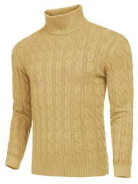 Men's Cable Knit Turtleneck Sweater worn by a model in Yellow
