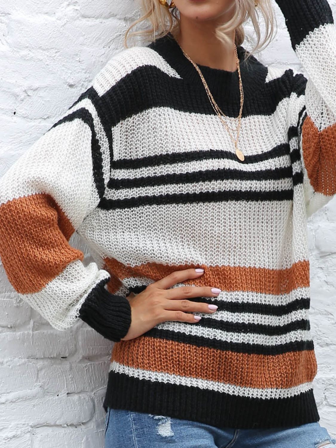 Contrast Striped Round Neck Long Sleeve Sweater Trandify Deal