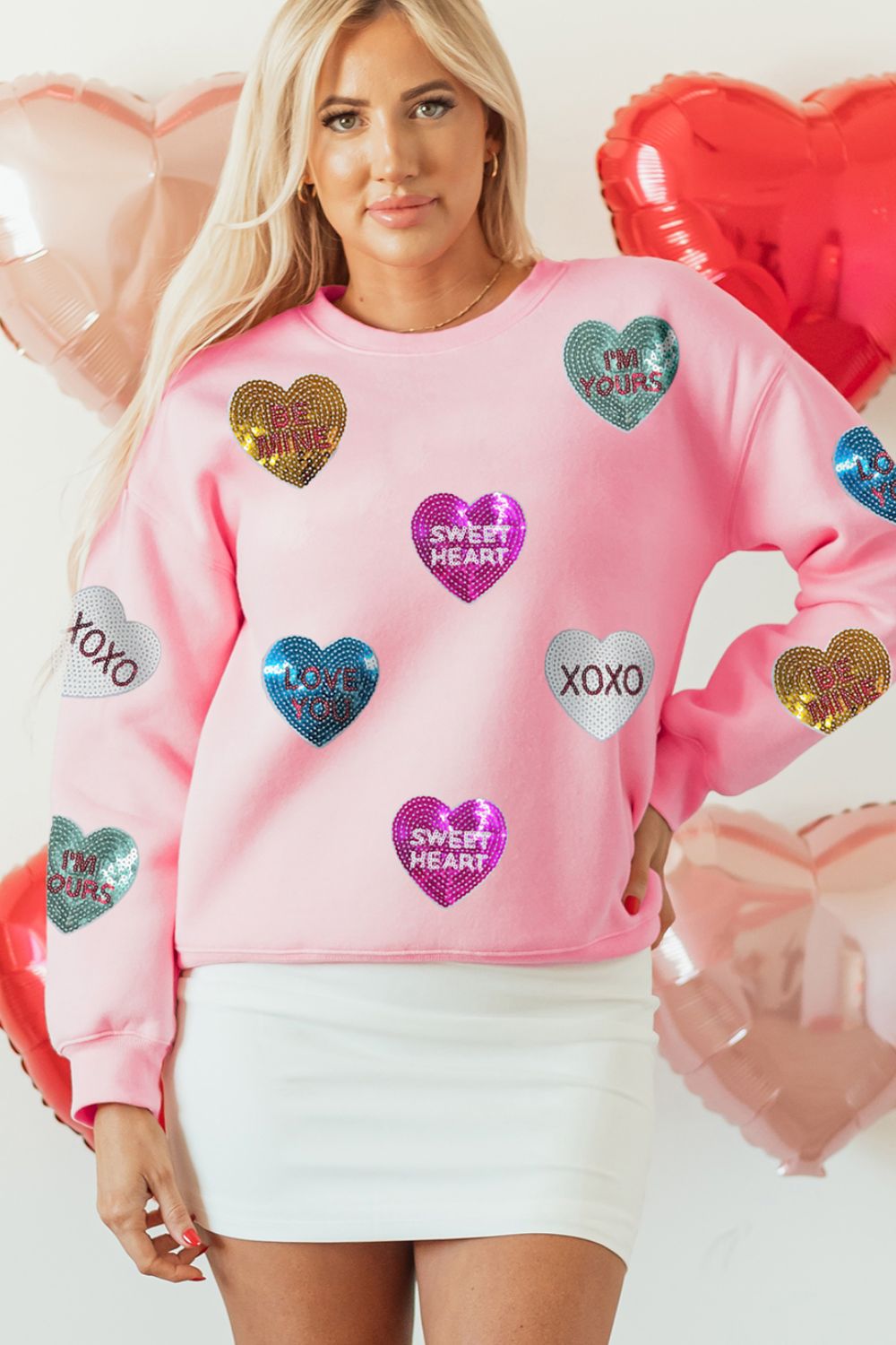 Valentine’s Day Sequin Heart Round Neck Long Sleeve Sweatshirt Trandify Deal