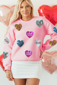 Valentine’s Day Sequin Heart Round Neck Long Sleeve Sweatshirt Trandify Deal