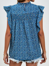 Ruffled Ditsy Floral Mock Neck Cap Sleeve Blouse Trandify deal