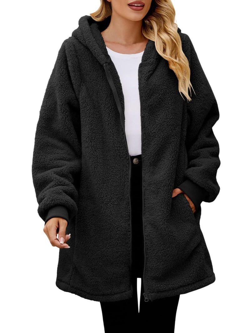 Fuzzy Pocketed Zip Up Long Sleeve Hooded Jacket Trandify Deal