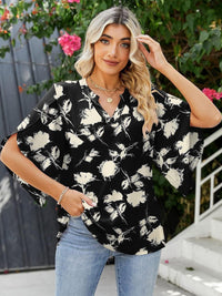 Printed Notched Half Sleeve Blouse Trandify Deal