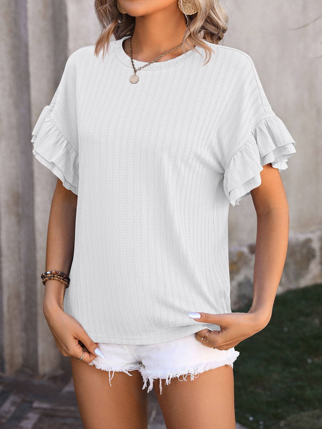 Ruffled Round Neck Short Sleeve Top Trandify deal