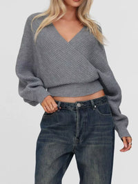 Women's Surplice Cropped Sweater with Back Tie