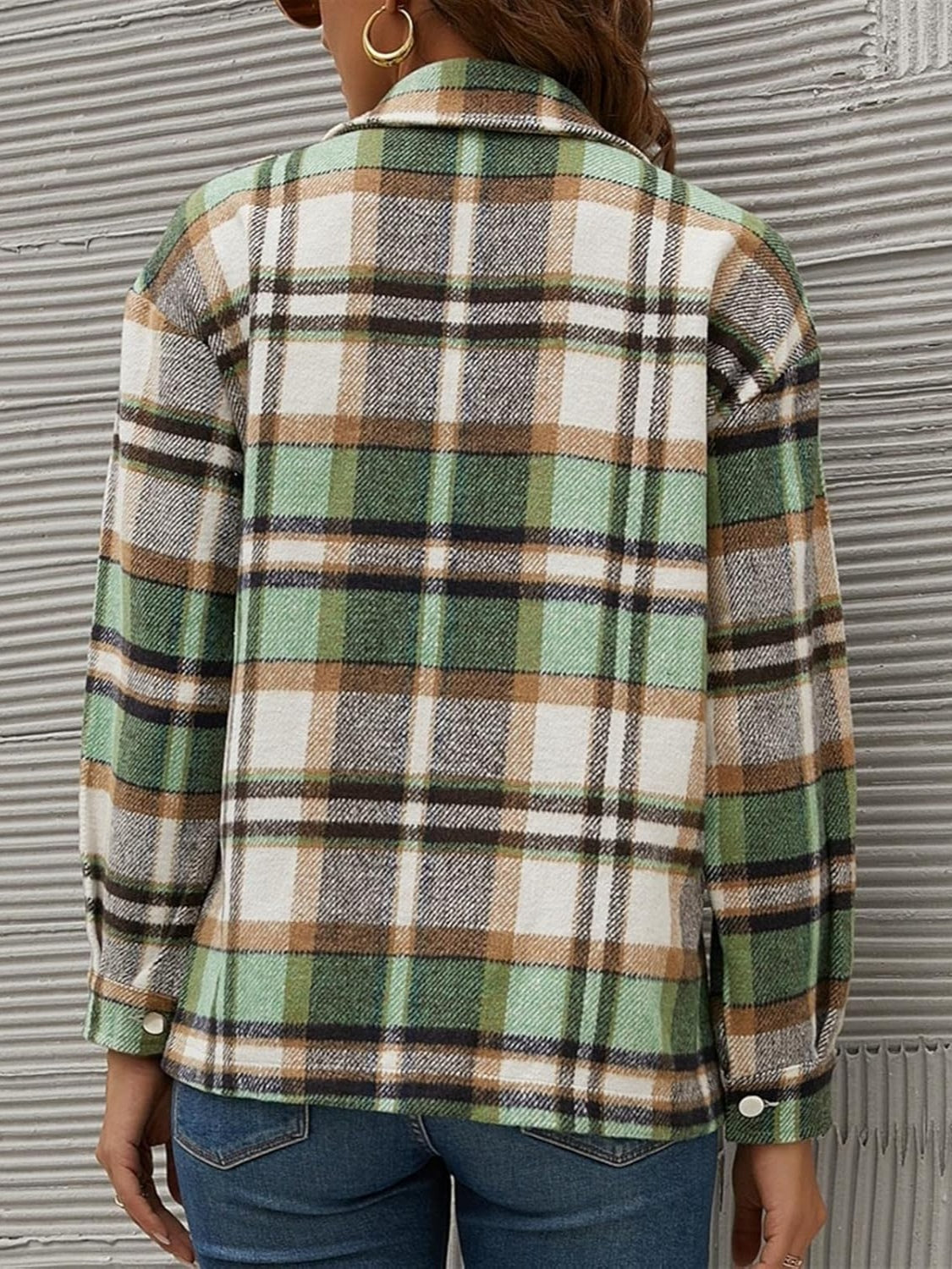 Plaid Collared Neck Long Sleeve Jacket Trandify Deal