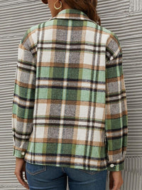 Plaid Collared Neck Long Sleeve Jacket Trandify Deal
