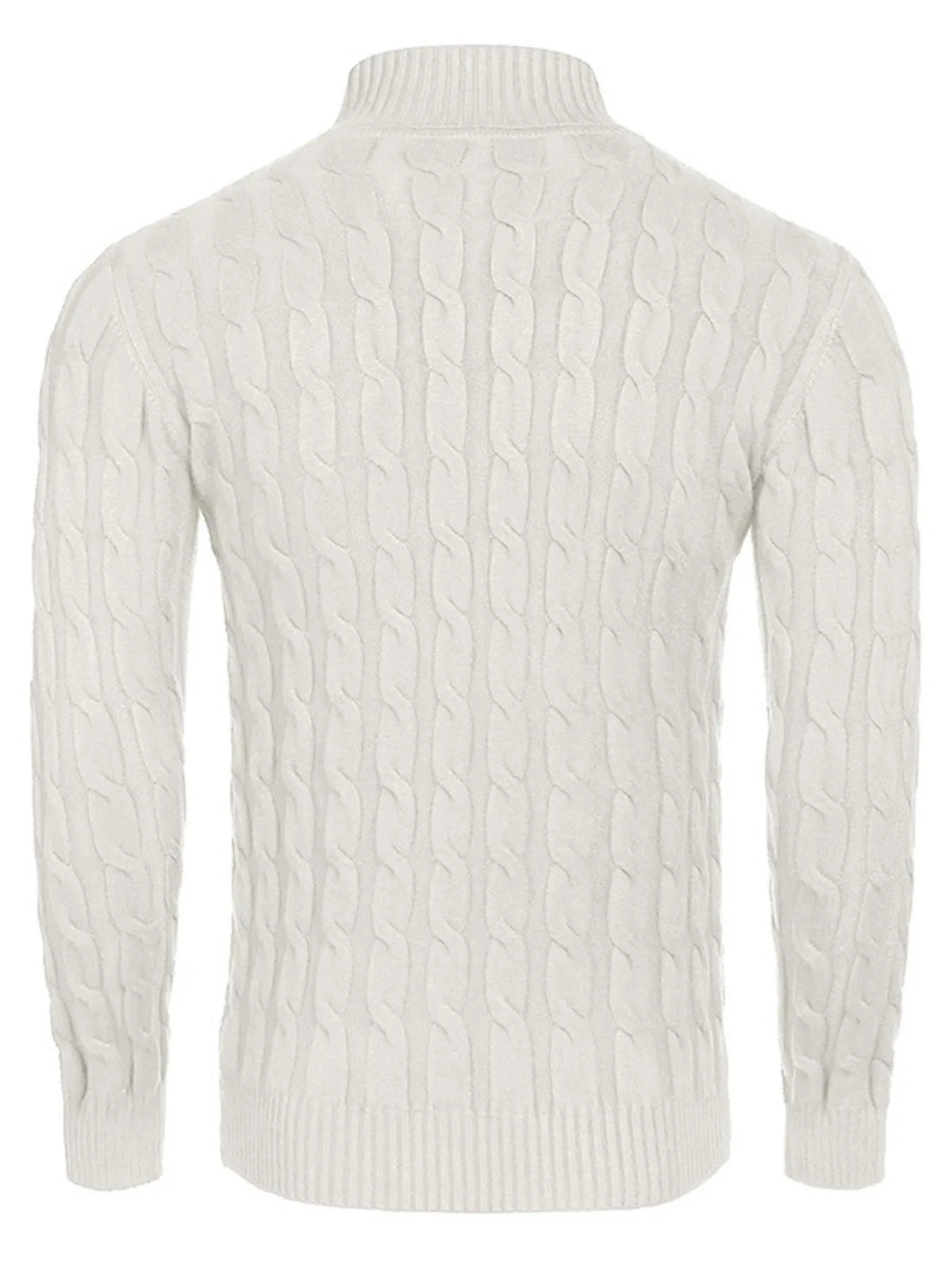 Men's Cable Knit Turtleneck Sweater worn by a model in White