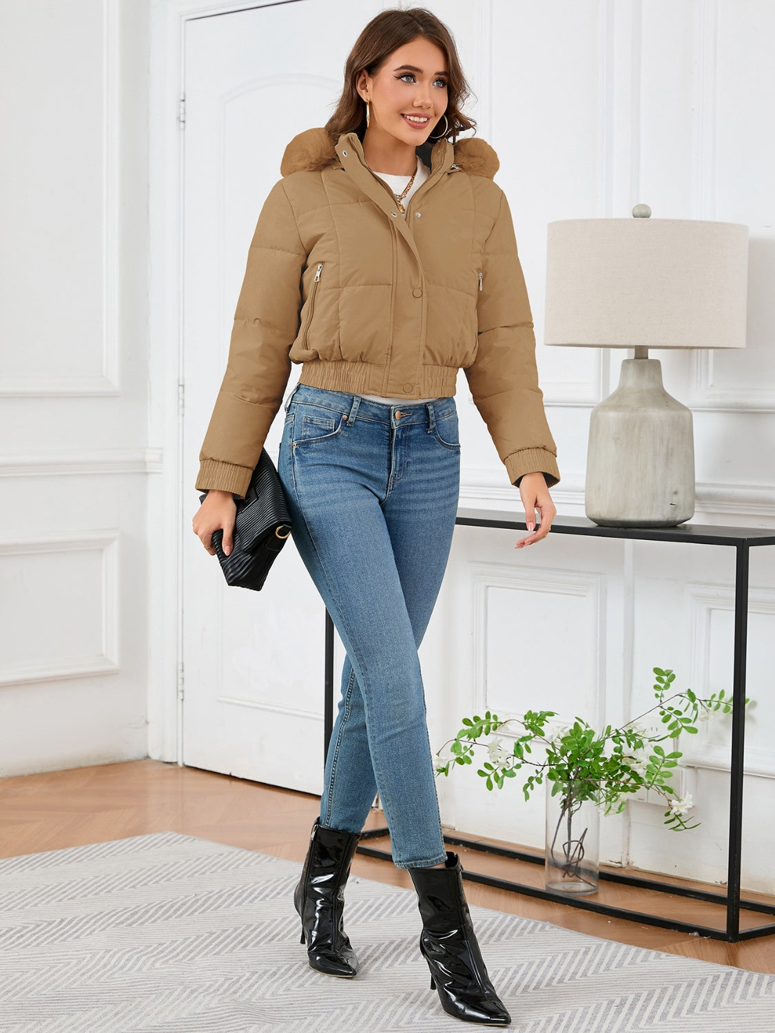 Pocketed Long Sleeve Cropped Hooded Winter Coat Trandify Deal