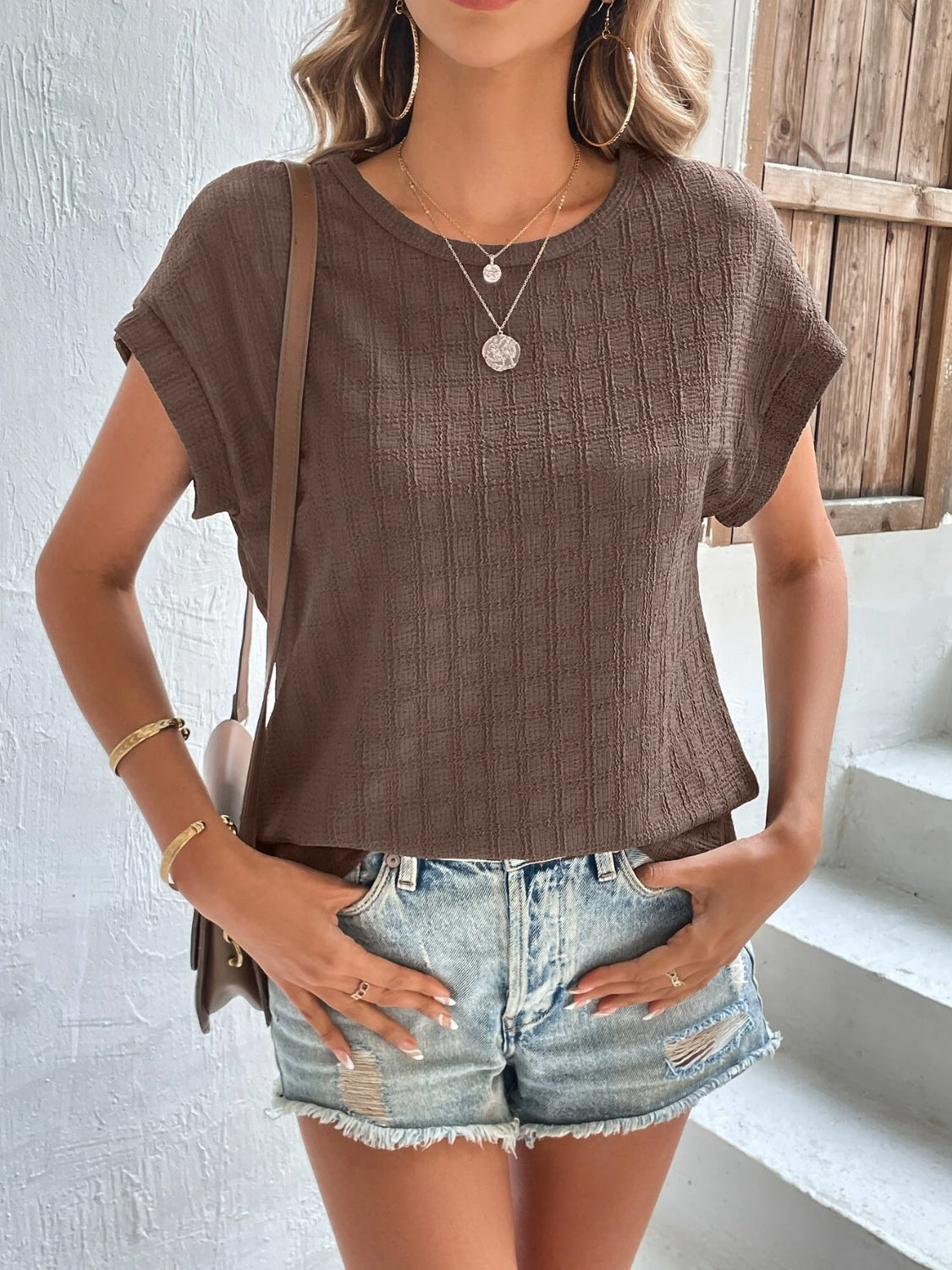 Textured Round Neck Short Sleeve Top Trandify deal