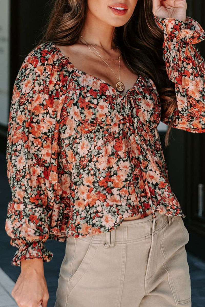 Peplum Tied Flora Long Sleeve Blouse Trandify Deal