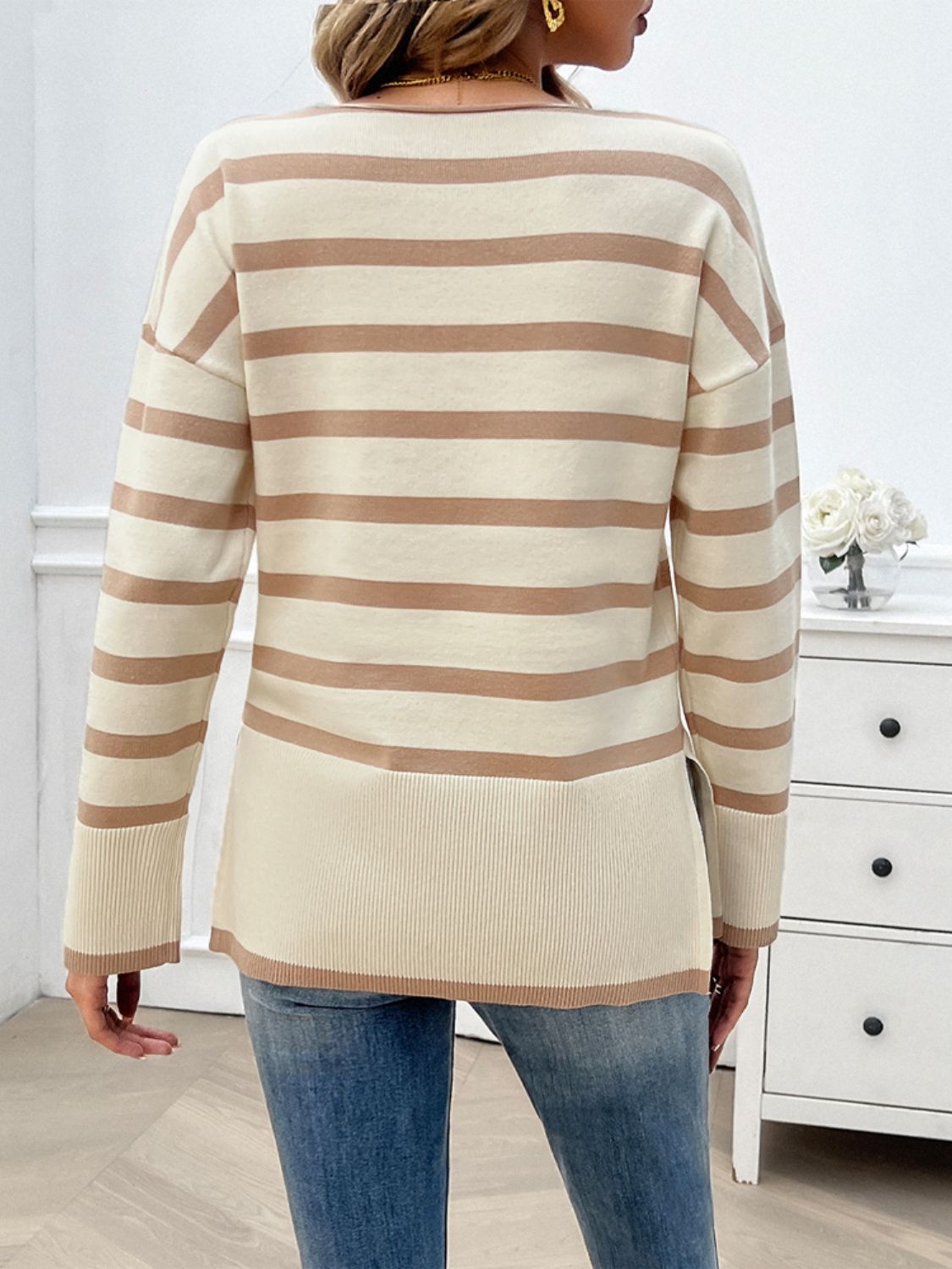 Devine Striped V-Neck Long Sleeve Knit Top Trandify Deal