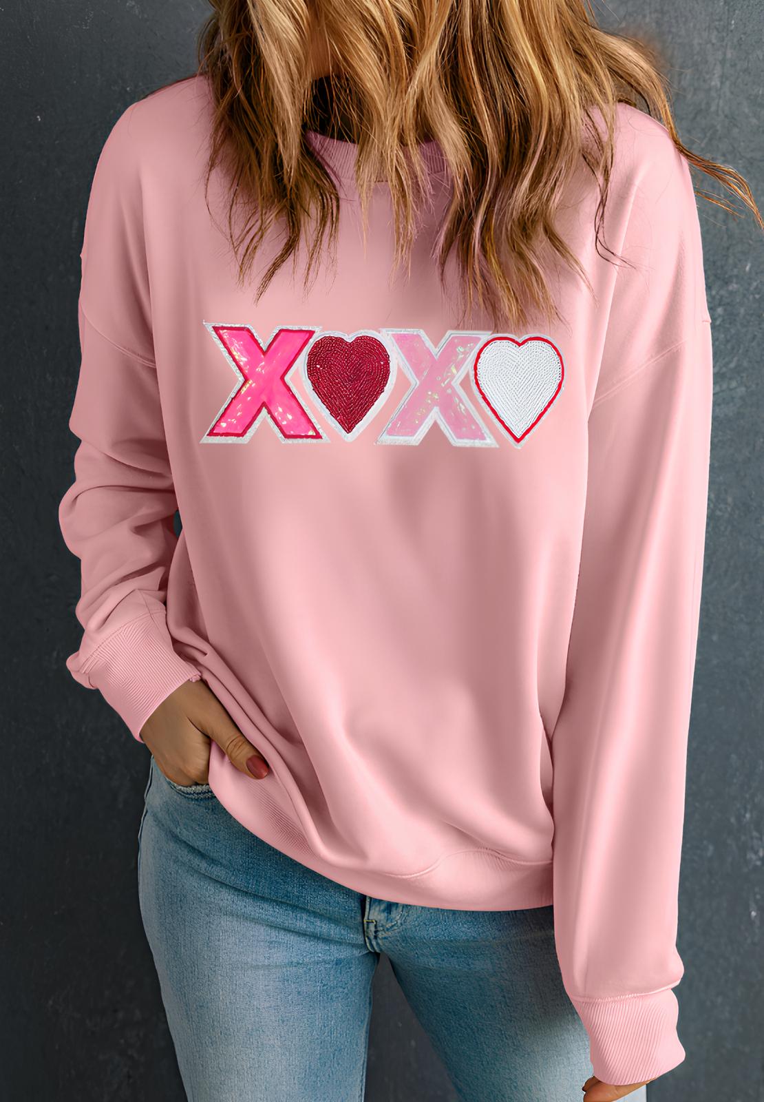 Valentine’s Day XOXO Round Neck Long Sleeve Sweatshirt Trandify Deal