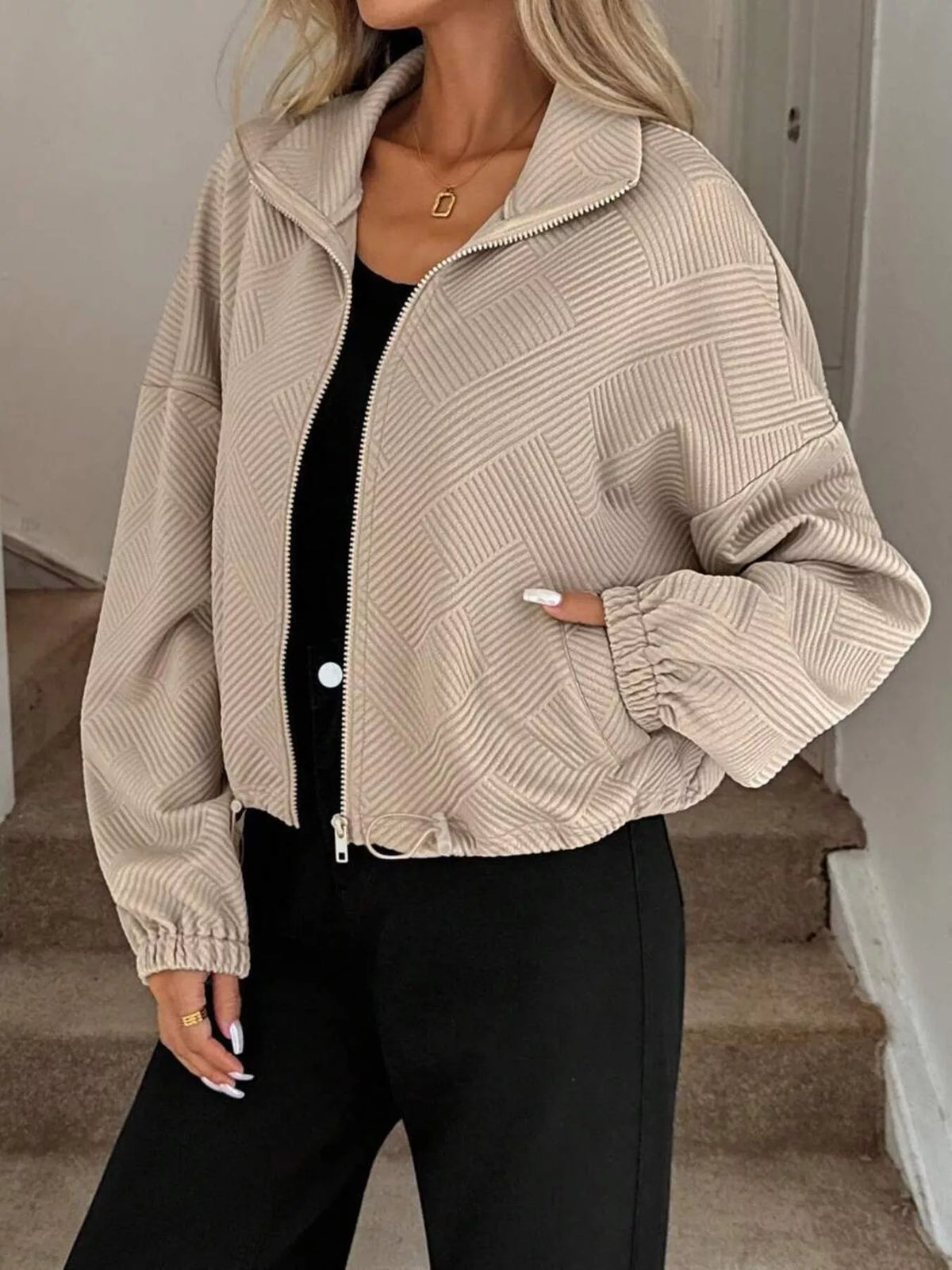 Women's Ribbed Drawstring Jacket - Casual Long Sleeve Zip-Up