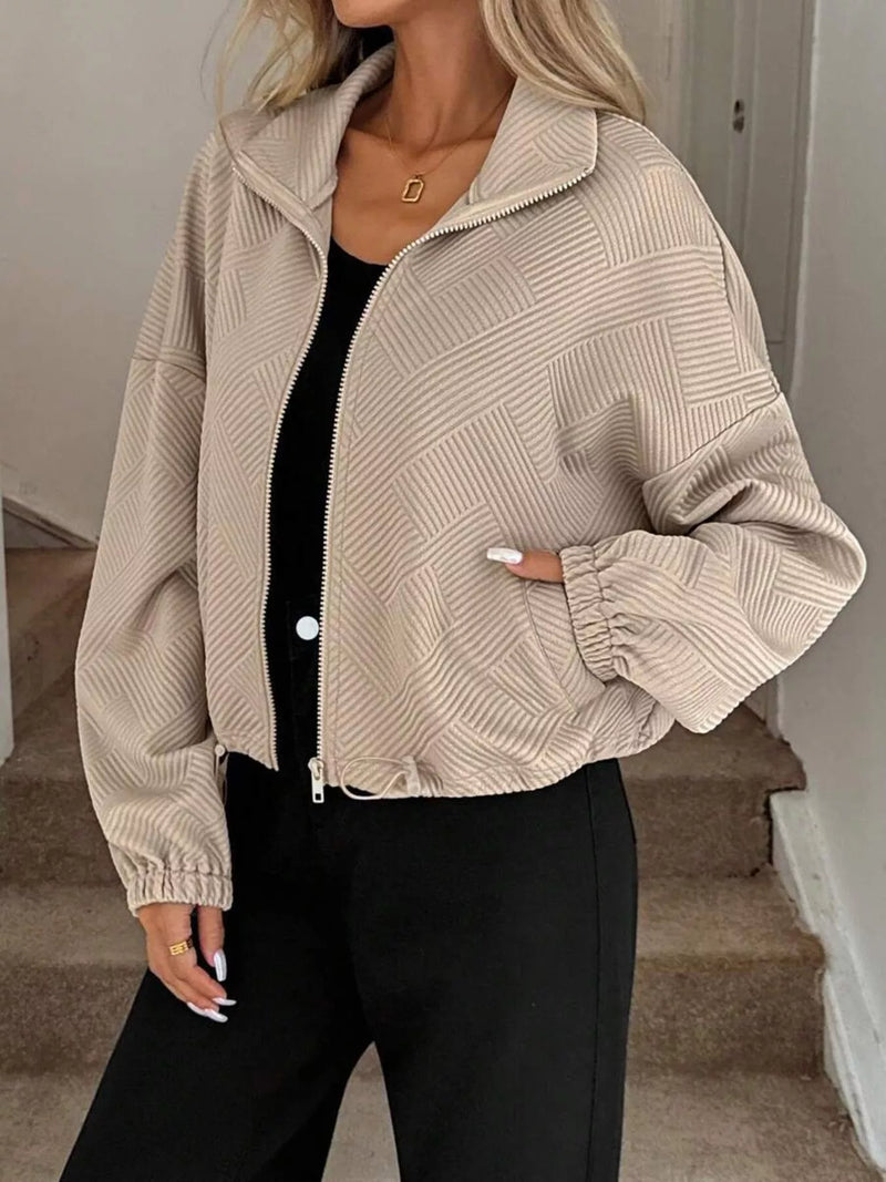 Women's Ribbed Drawstring Jacket - Casual Long Sleeve Zip-Up