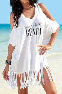 Fringe V-Neck Cold Shoulder Cover Up Trandify deal