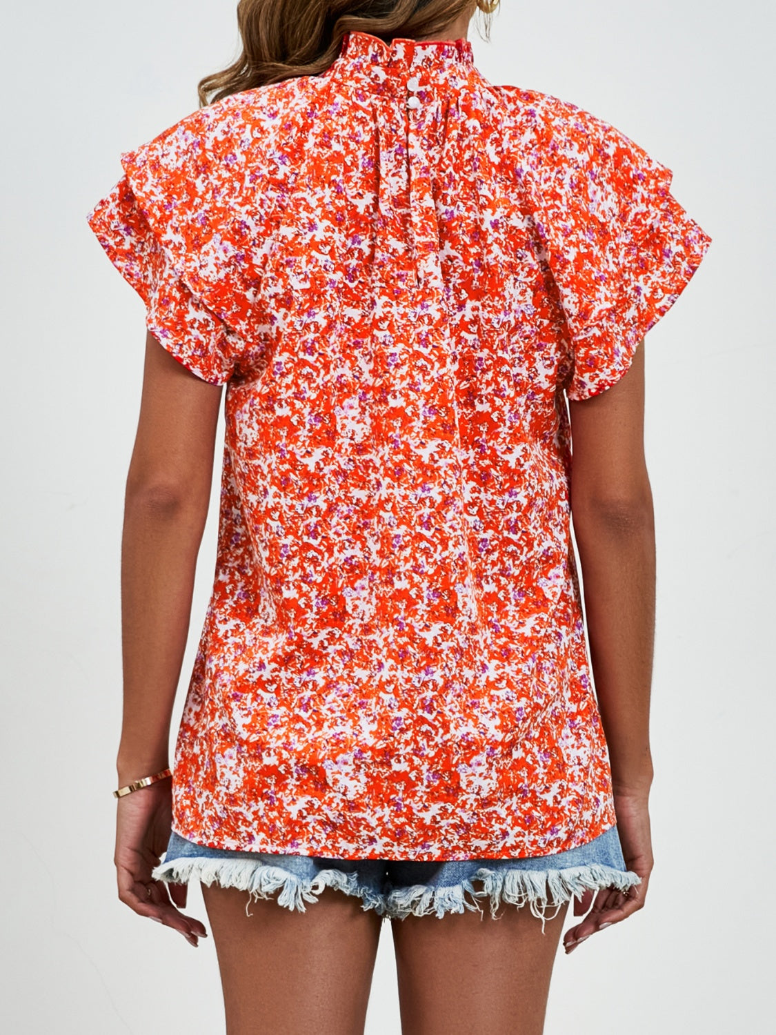 Ditsy Floral Mock Neck Flounce Sleeve Blouse Trandify deal