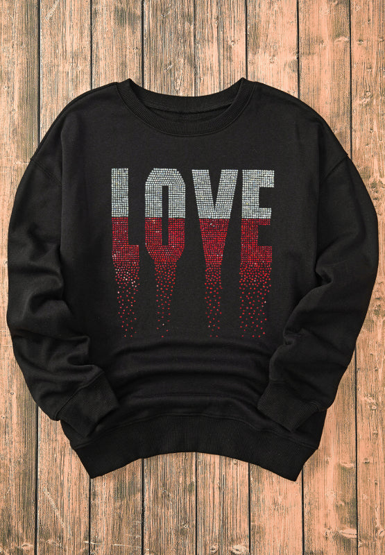 Rhinestone LOVE Round Neck Long Sleeve Sweatshirt Trandify Deal