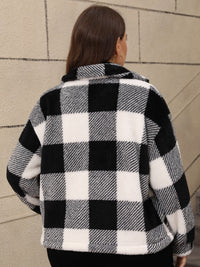 Plus Size Pocketed Plaid Collared Neck Jacket Trandify Deal