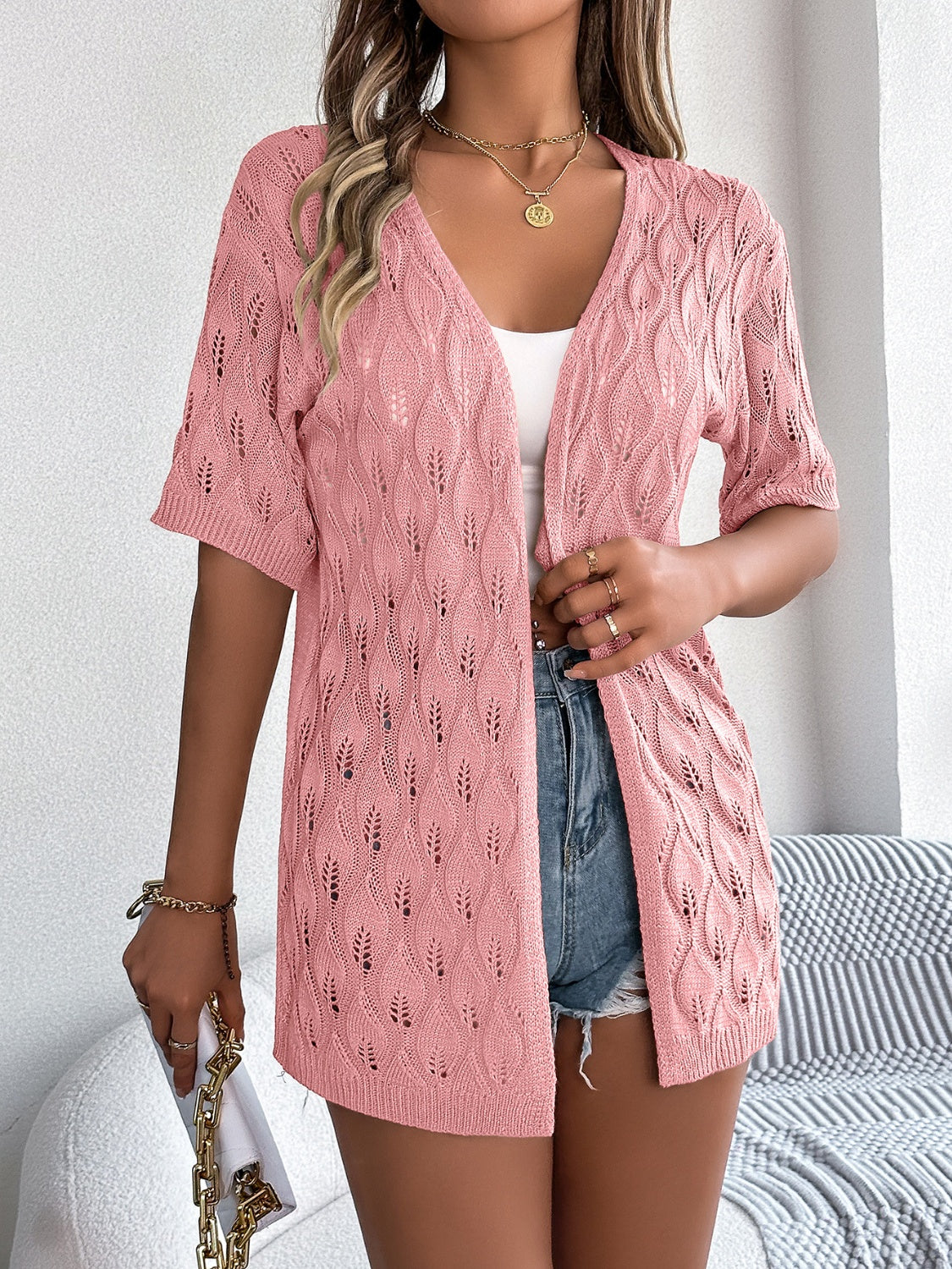 Openwork Open Front Short Sleeve Cardigan Trandify deal