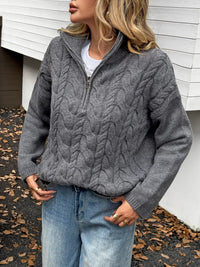 Women's Cable Knit Zip Neck Sweater in Gray worn with boots