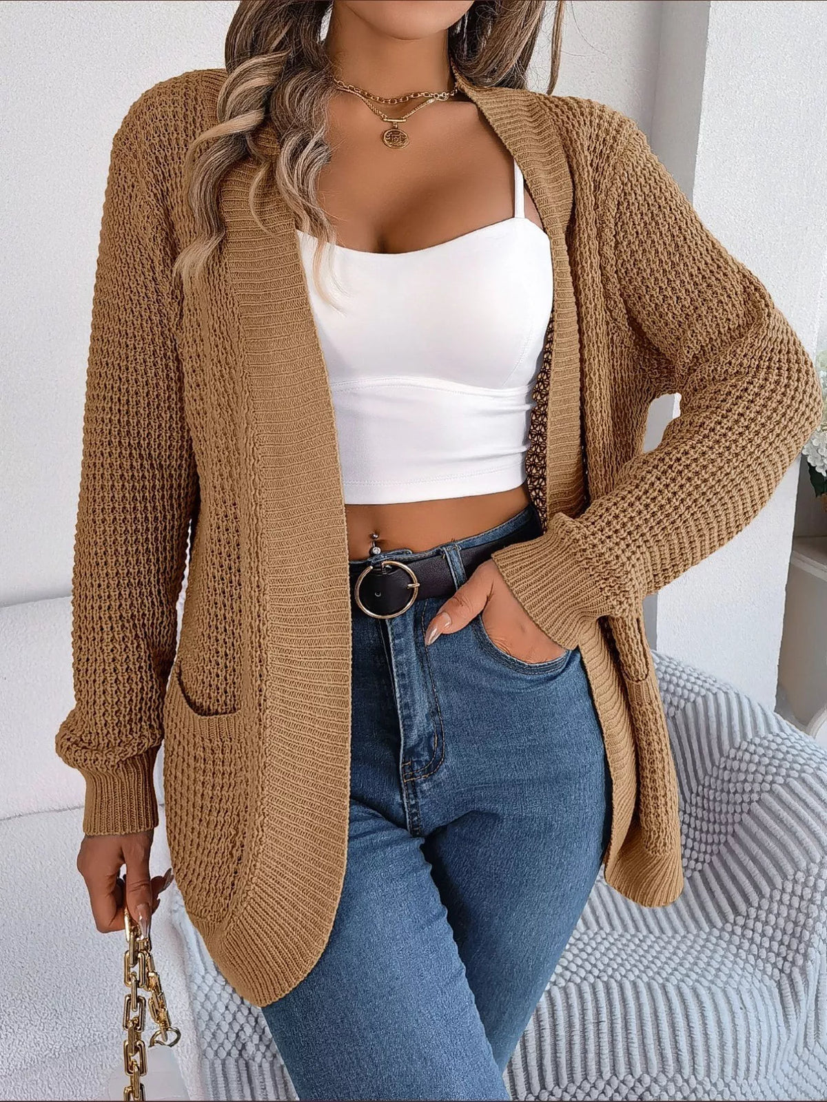 Chunky Knit Cardigan with Pockets - Open Front Women's Sweater