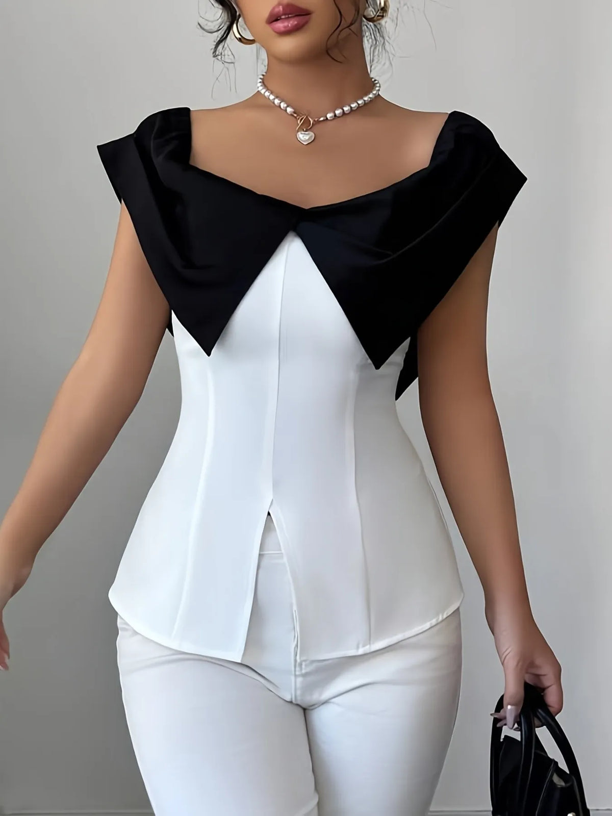 Women’s Slit Contrast Cap Sleeve Blouse – Trendy Fashion Top