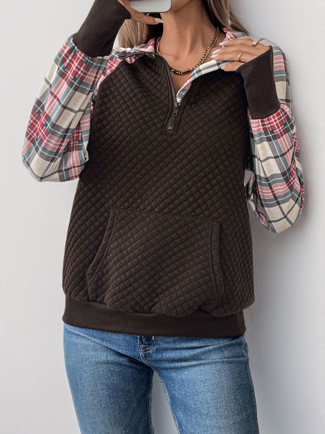 Perfee Plaid Half Zip Long Sleeve Sweatshirt Trandify Deal