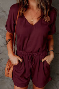 Full Size Drawstring V-Neck Short Sleeve Romper Trandify deal
