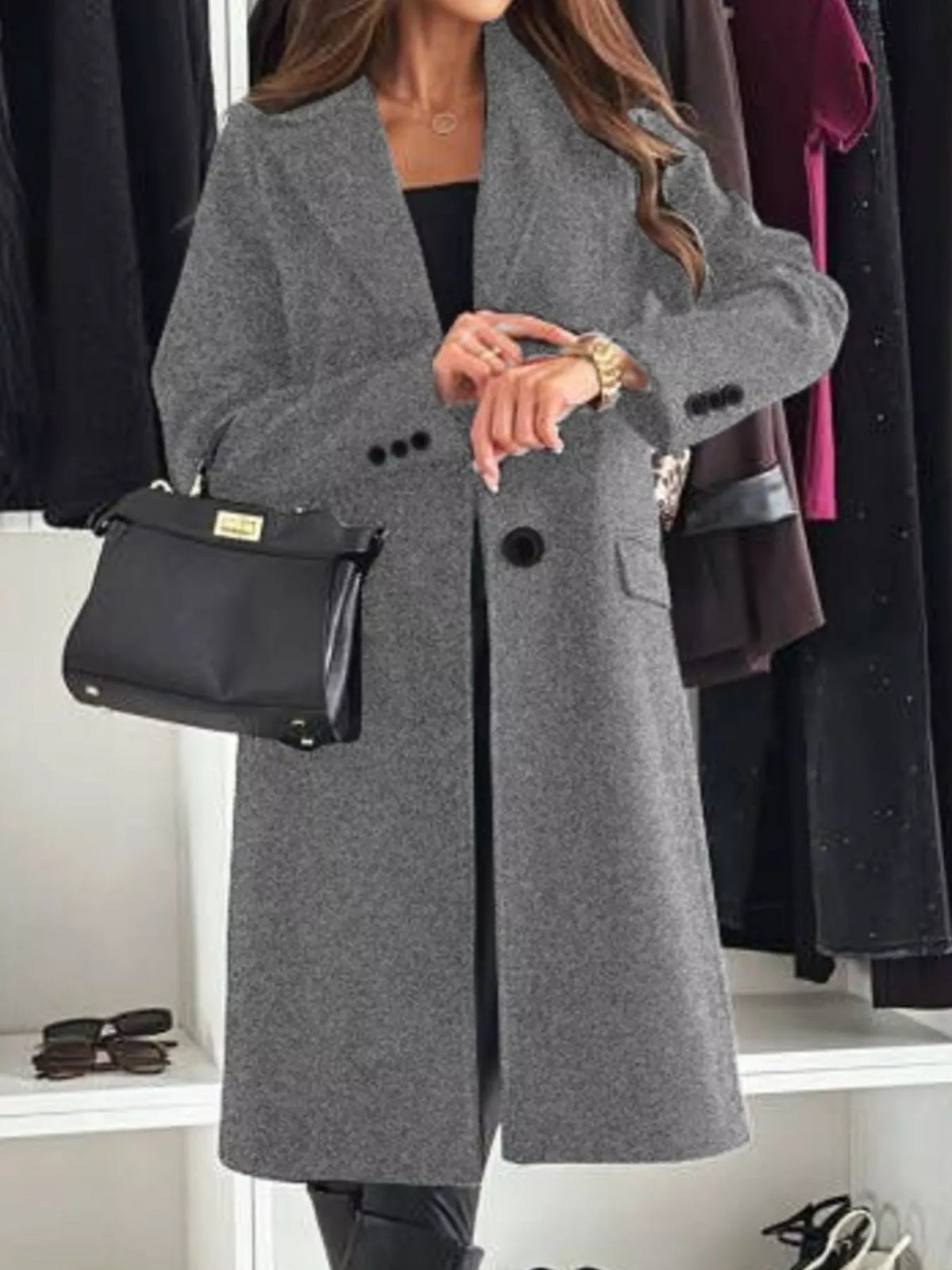 Women's Lapel Collar Long Sleeve Coat - Buttoned & Pocketed