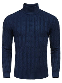 Men's Cable Knit Turtleneck Sweater worn by a model in Navy