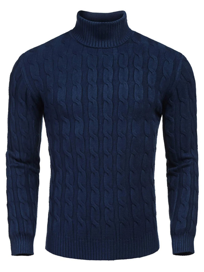 Men's Cable Knit Turtleneck Sweater worn by a model in Navy