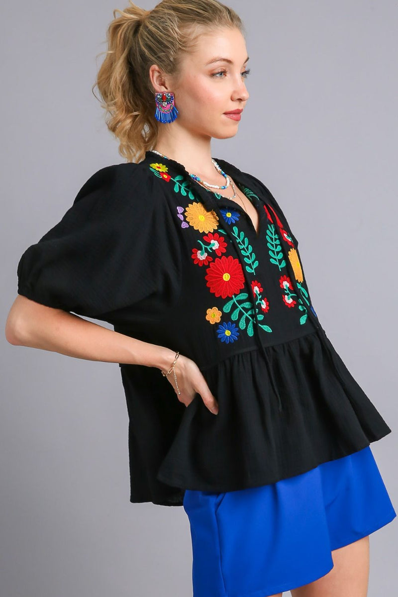 Boho Floral Embroidered Babydoll Blouse