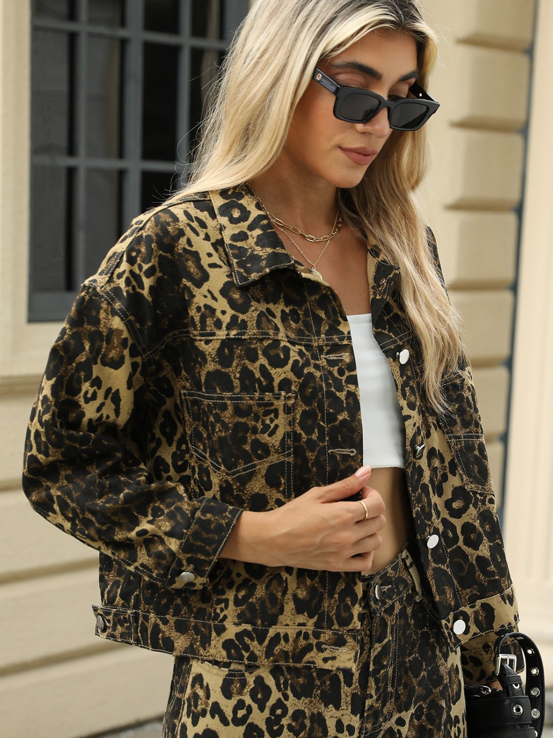 Pocketed Leopard Long Sleeve Denim Jacket Trandify Deal