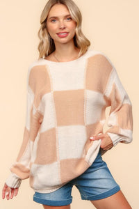 Haptics Full Size Checkered Round Neck Drop Shoulder Sweater Trandify Deal