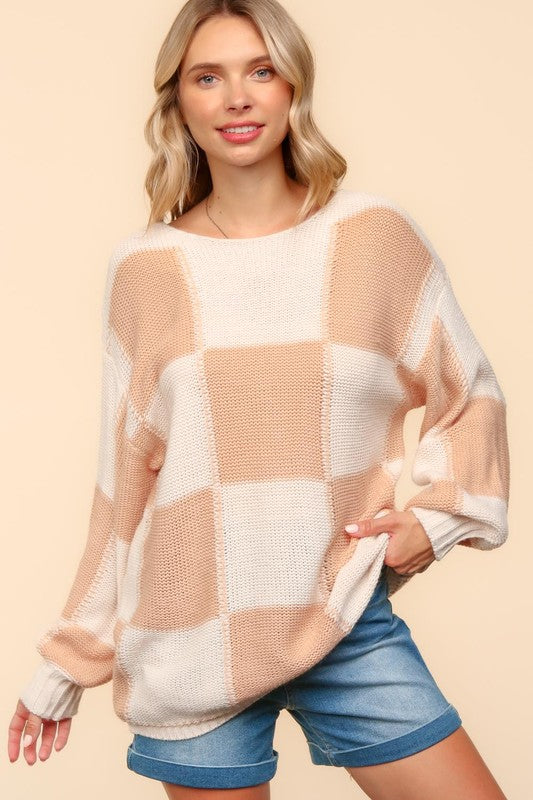 Haptics Full Size Checkered Round Neck Drop Shoulder Sweater Trandify Deal