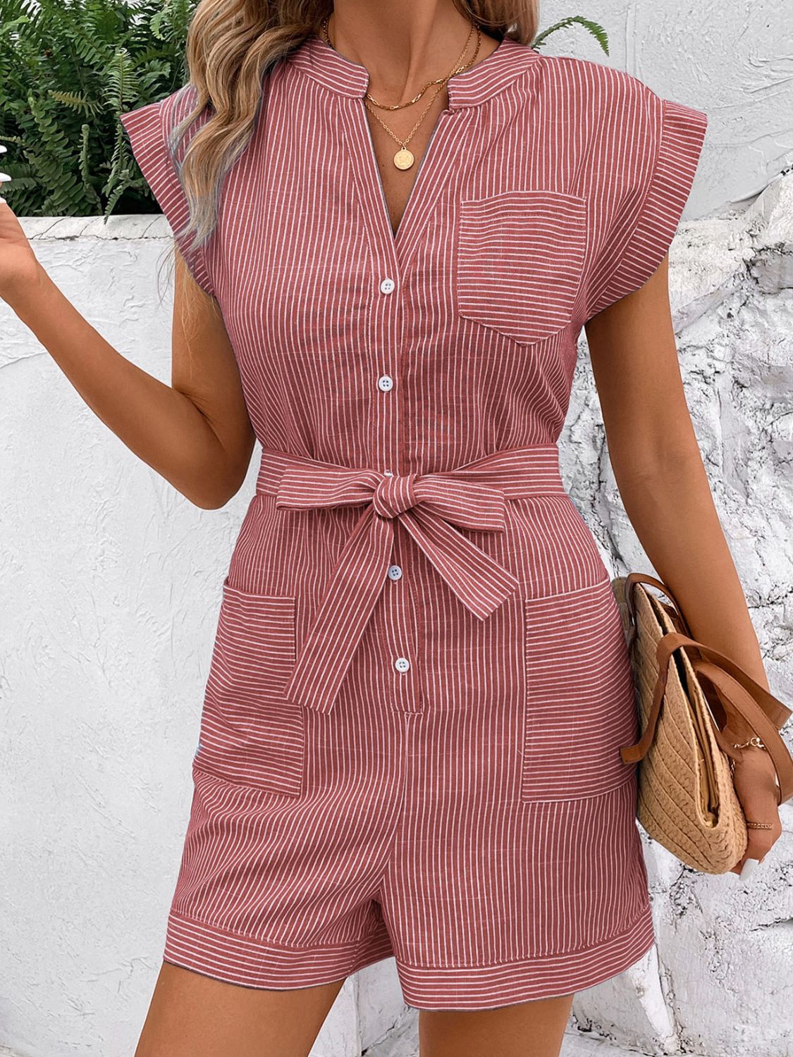 Striped Notched Tie Waist Romper Trandify deal